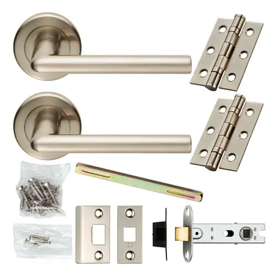 Door Handle & Latch Pack Satin Nickel Slim Straight Lever Screwless Round Rose