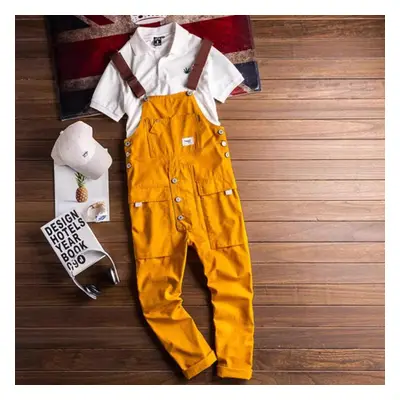 (yellow, S) Men&apos;s Denim Overalls Men&apos;s Retro Casual Jumpsuit Men&apos;s Loose Multi-po