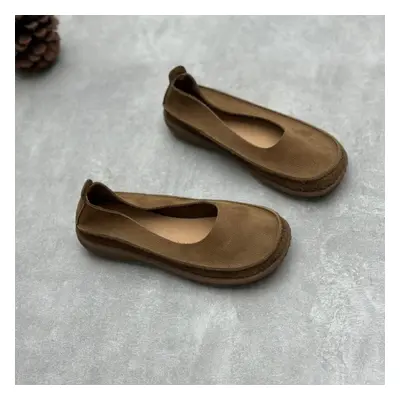 (khaki, 37) Johnature Handmade Genuine Leather Flat Shoes Loafers Round Toe Soft Sole Simple Wom