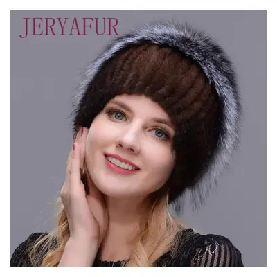 (brown,grey) Women New Winter Fur Cap Hooded Head Genuine Mink Fur Hat And Silver Fox Fur Flower