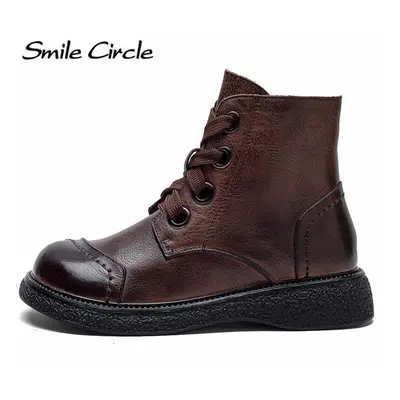 (as the picture, 36) Genuine Leather Women Boots Lace Up Side Zipper Ankle Boots Vintage Fashion