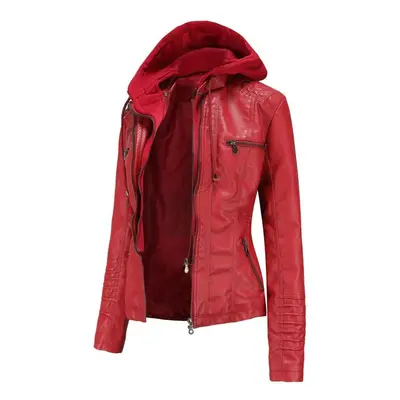 (red, L) Hooded Leather Jacket Two-piece Set Detachable Large Size Leather Jacket For Women Spri