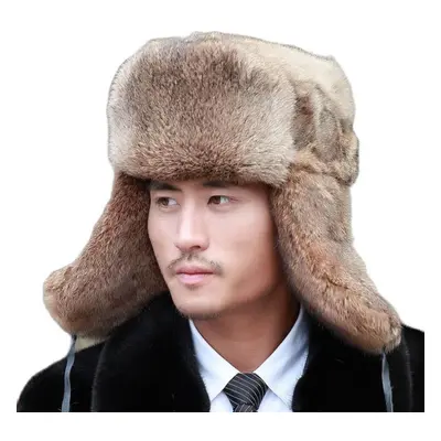 (khaki, 3XL 60-62cm) Thick Warm Bomber Hat Men Real Rabbit Fur Earflap Trapper Fluffy Cap Male P