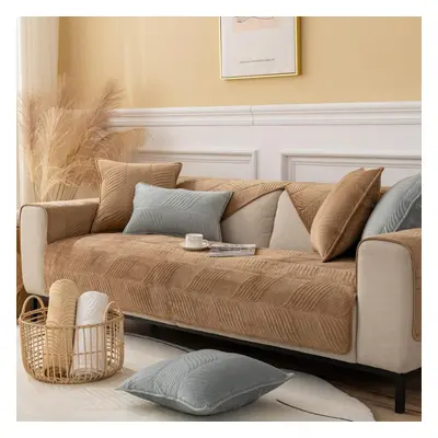 (tan, 110*180cm) Thick Plush Edging Sofa Coversolid Color Non-slip Filling Full Sofa Cover Backr