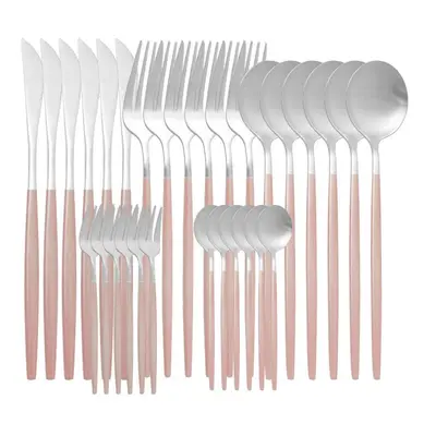 (pink,silver) 30pcs Matte Green Gold Cutlery Set Flatware Stainless Steel Dinnerware Kitchen Sil