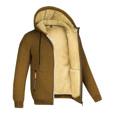 (brown, 2XL) Lamb Velvet Autumn And Winter Sweater Men&apos;s Hooded Solid Color Jacket Plus Vel