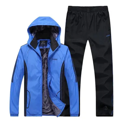 (blue, XXL) Autumn And Winter Men&apos;s Plus Velvet Thick Warm Hooded Sports Suit Outdoor Large