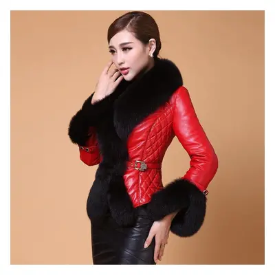 (red,black, XL) Scione Faux Fox Fur Collar Leather Slim Pu Leather Women Plus Cotton Jacket Fash