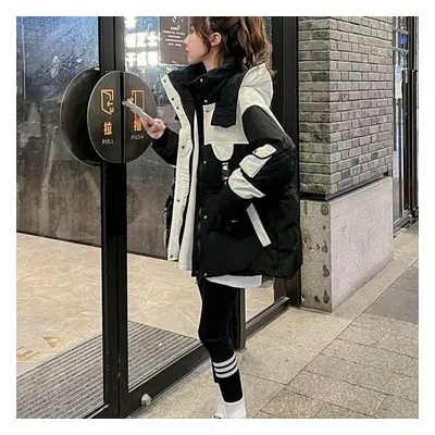 (as the picture, XXL) Winter Fashionable Black Mid-length Parker Warm Coat With Loose Fit Design