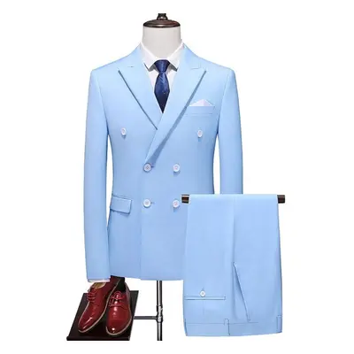 (sky blue, S) Fashion Men&apos;s Business Double Breasted Solid Color Suit Coat / Male Slim Wedd