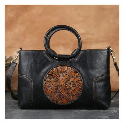 (black) Johnature High Quality Leather Women Bag Retro Handmade Embossed Shoulder Bags Large Cap