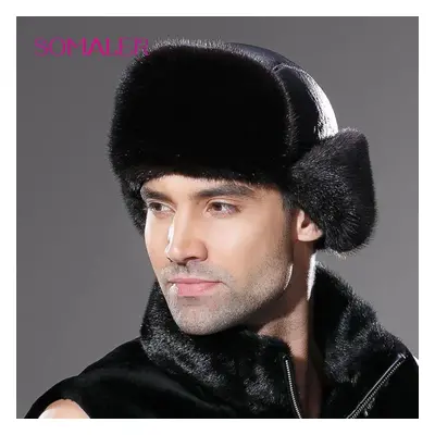 (brown, S) Somaler Winter Men Genuine Leather Fur Hat Real Mink Fur Earflap Ushanka Hat