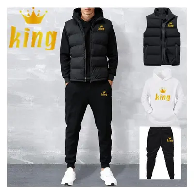 (white, M) Men Casual Sets Vest + Hoodies + Pants Piece Tracksuit Male Sportswear Set