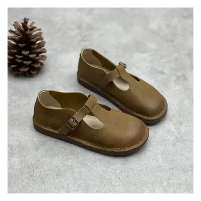 (coffee, 35) Johnature Vintage Handmade Genuine Leather Flats Shoes Round Toe Comfortable Soft S