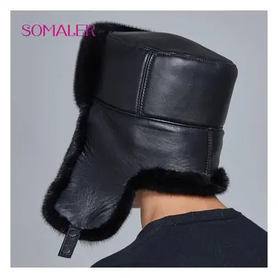 (black, S) Somaler Winter Earflap Hats For Men Mink Fur Hats Fur Protect Ears And Neck Ushanka G