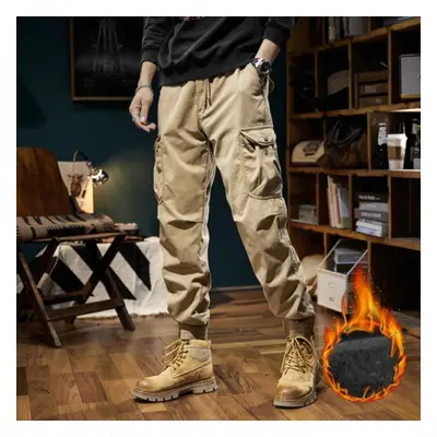 (khaki, 29) New Winter Cargo Pants Men Multi-pockets Drawstring Fleece Liner Thick Warm Overalls