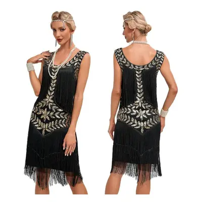 (black, M) 1920s Vintage Gatsby Ball Gown, Round Neck Sequin Embroidered Suspenders Large Size D