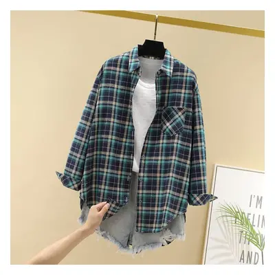 (green, L) Women&apos;s Long-sleeve Retro Korean Plaid Shirt â Loose, Spring Style