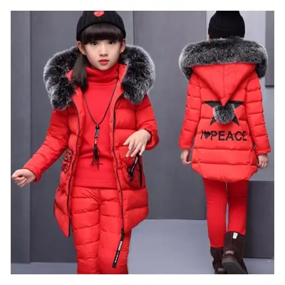 (red, 150) Girls Clothing Set Winter Children Stars Hoodie Outerwear Outfits Kids Toddler Warm C