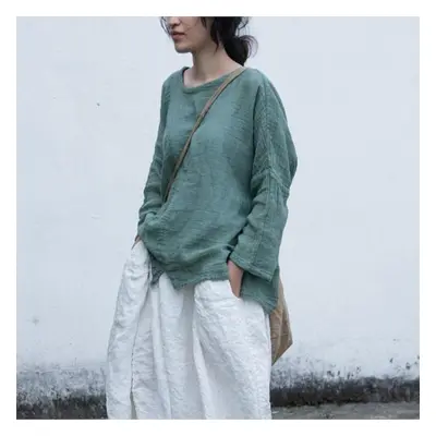 (green, One Size) Johnature Women Vintage Cotton Linen T-shirts O-neck Long Sleeve Tees Autumn S