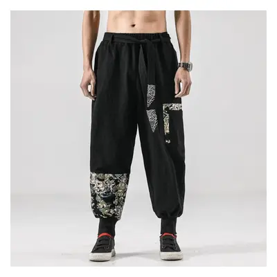 (black, XXL) Men Cotton Linen Samurai Costume Ukiyo-e Print Belt Retro Harem Pants Haori Baggy T