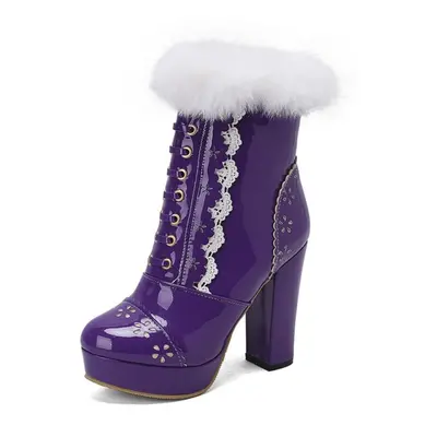 (purple, 36) Women Ankle Boots Round Toe Platform Thick High Heels Zipper Short Boot Ladies Fash