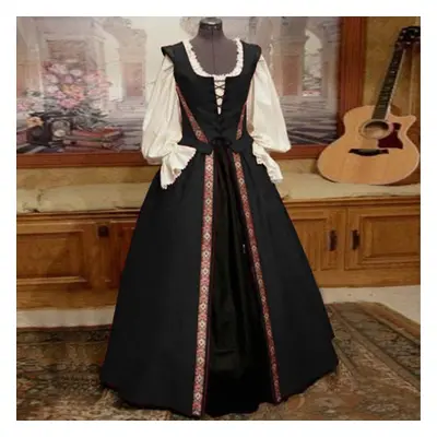 (black, M) Stylish Medieval Renaissance Style Square Neck Waist-slimming Big Pendulum Two-piece 