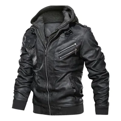 (black, 3XL) Men&apos;s Fall/winter Double-decker Trend Locomotive Casual Leather Jacket Hooded 