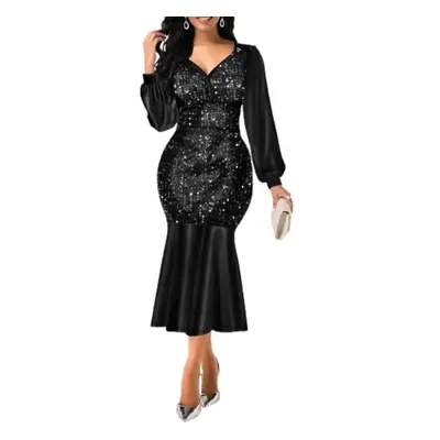 (black, L) Slim Comfy Popular Sequin V Neck Long Sleeve Dress Prom Dress