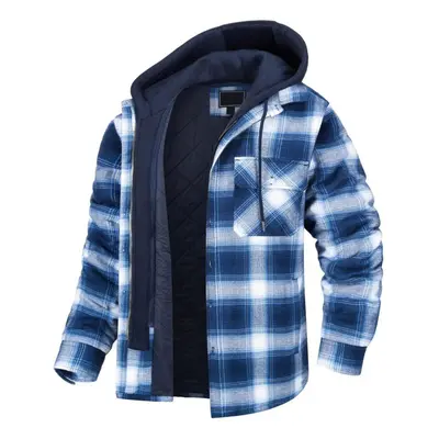 (sky blue, XXXL) Men&apos;s Autumn/winter Long Sleeve Lapel Plaid Hooded Thickened Shirt Jacket