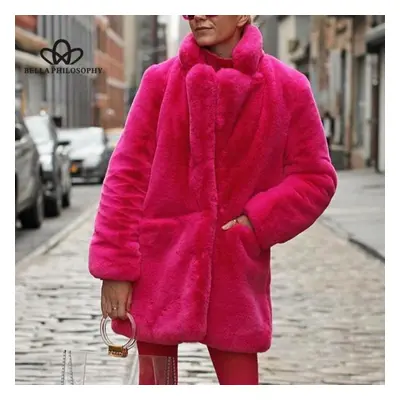 (rose red, XL) Long Fashion Fur Plush Warm Elegant Casual Loose Coat Winter Thickened Lapel Fluf