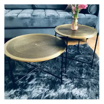 Industrial Coffee Table Set Round Gold Brass Vintage Side End Tables Metal Nesting Furniture