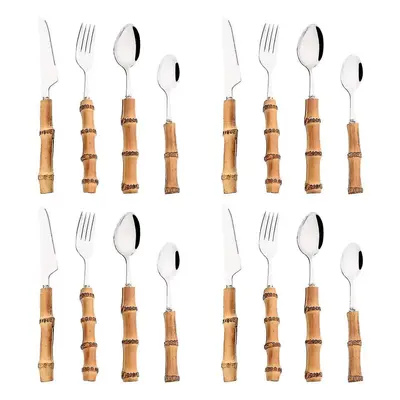 (4/8/16/24pcs Creative Bamboo Handle Cutlery Set Stainless Steel Tableware Steak Knife Fork Spoo