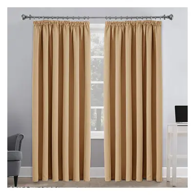 (Beige, 90"X90") Thermal Blackout Curtains Pencil Pleat Curtain Ready Made Window Panel & Tiebac