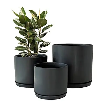 Matt Black Ceramic Plant Pots Garden Planters Set with Saucers Indoor Outdoor Plant Pots Flower 