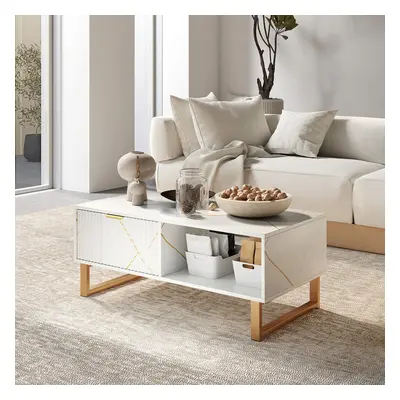 HOMCOM Coffee Table, Living Room Table with Drawer and Open Shelves, White