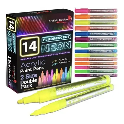 14 Pack Neon Fluorescent Acrylic Paint Pens, Double Pack of Both Extra Fine and Medium Tip Paint