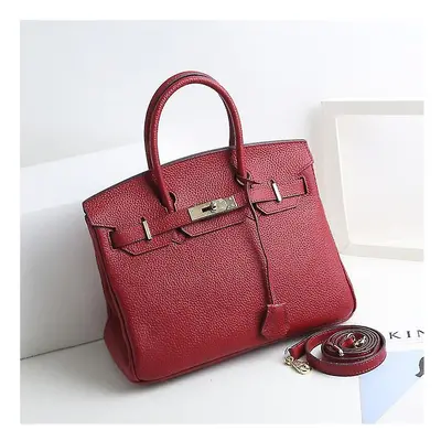 (Wine red, 20*15*10cm) Ladies Women Leather Handbag Birkin First Layer Cowhide Leather Tote Bag 