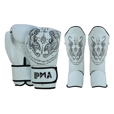 (10oz, Large ) PMA TWIN TIGERS MUAY THAI BOXING GLOVES & SHIN PADS SET - WHITE