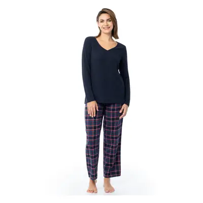 Fruit of the Loom Women's Waffle V-Neck Top and Flannel Pant Sleep Set Navy/Holiday Plaid X-Larg