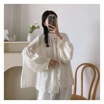 (One Size, beige) Johnature Vintage Linen Womens Tops And Blouses Autumn Loose Ruffles Full Lant