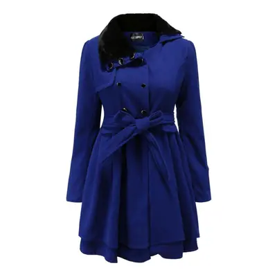 (dark blue, XL) Women Wool Coat Dress Jacket Slim Windbreaker Sexy Long Woolen Trench Belted Pea