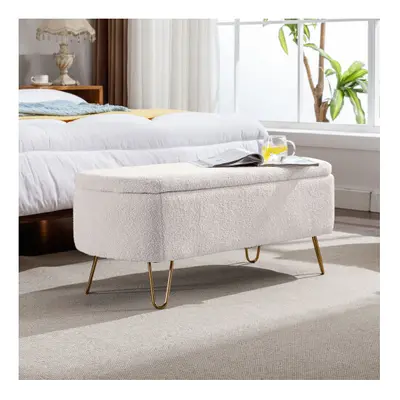 Ivory White Storage Ottoman Bench for End of Bed Gold Legs, Modern Ivory White Faux Fur Entryway