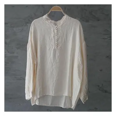 (ivory, One Size) Johnature Autumn Cotton Linen Stand Button Long Sleeve Irregular Loose Shirts