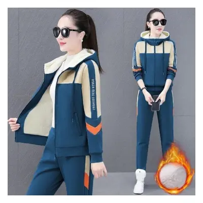 (blue, XL) Women&apos;s Autumn Winter Fleece-lined Thickened Sports Suit Hooded Sweatshirt Two-p