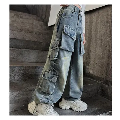 (blue, 160) Trendy And Cool Street Girls&apos; Pants, Children&apos;s Street Dance Denim Work Pa