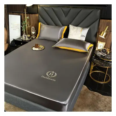 (dark grey, 150*200cm) Summer Luxury Imitated Satin Silk Bed Sheet Solid Color Bedding Mattress 