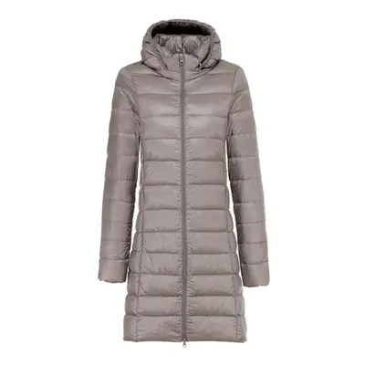 (khaki, XXXXXL) Women Winter Long Puffer Coat Detachable Hood Lightweight Coat Invisible Zipper 