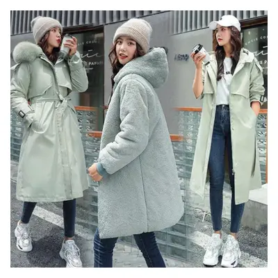 (green, L) Women Winter Jacket Hooded X-long Thick Faux Fur Padded Parkas Woman Distachable Plus