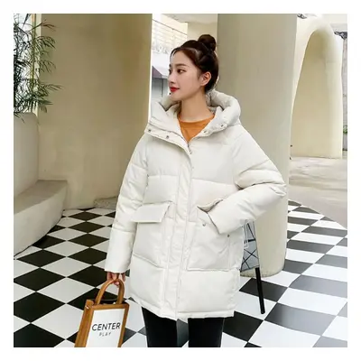 (beige, L) Autumn Winter Thicken Warm Parka Women Casual Sweety Solid Color Big Pocket Loose Sho